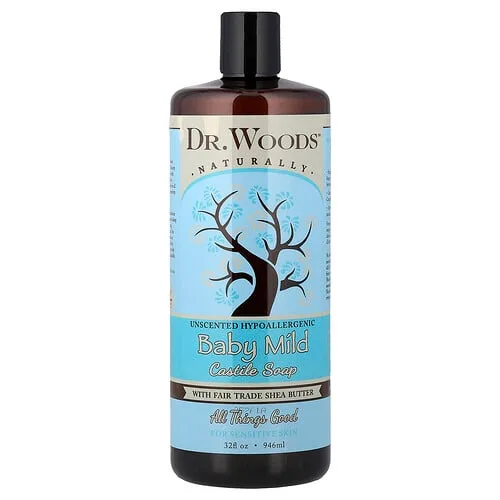 Dr. Woods, Jabón de Castilla suave para bebés con manteca de karité de comercio justo, Para pieles sensibles, Sin fragancia, 946 ml (32 oz. líq.)