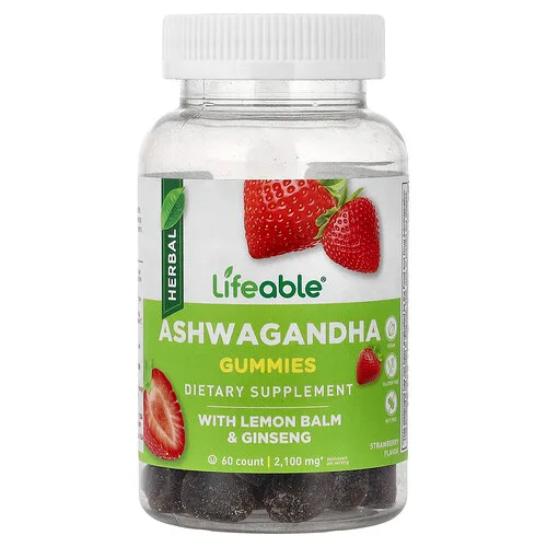 Lifeable, Gomitas de ashwagandha con toronjil y ginseng, Fresa, 60 gomitas