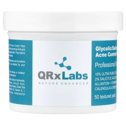 QRxLabs, Almohadillas para el control del acné con ácido glicólico y salicílico 10/2, 50 almohadillas texturizadas