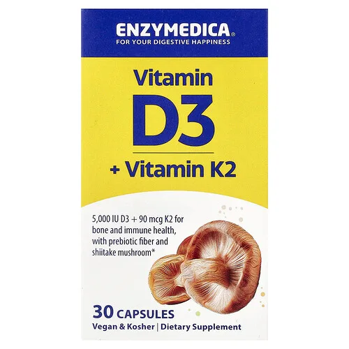 Enzymedica, Vitamina D3 y vitamina K2, Vitamina D3, 30 cápsulas
