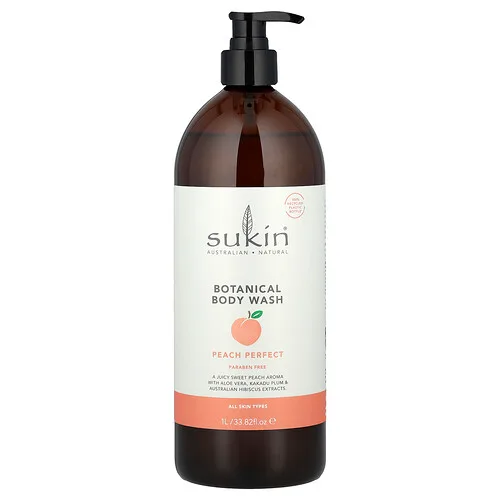 Sukin, Jabón líquido para el cuerpo botánico, Para todo tipo de piel, Melocotón perfecto, 1 l (33,82 oz. líq.)
