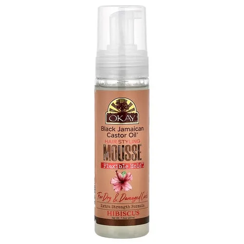 Okay Pure Naturals, Black Jamaican Castor Oil®, Mousse para peinar el cabello, Fijación flexible, Para rizos secos y dañados, Hibisco, 221 ml (7,5 oz)