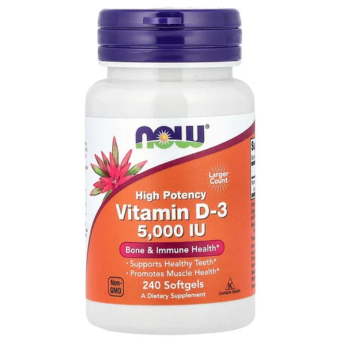 NOW Foods, Vitamina D3, Alta potencia, 5000 UI, 240 cápsulas blandas