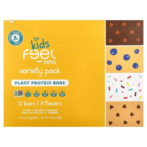 The Feel Bar, Barritas de proteína de origen vegetal Minis, Para niños, Paquete surtido, 12 barritas, 34 g (1,2 oz) cada una