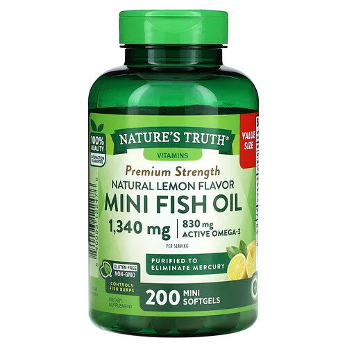 Nature's Truth, Miniaceite de pescado, Concentración prémium, Limón natural, 200 minicápsulas blandas (670 mg por cápsula blanda)