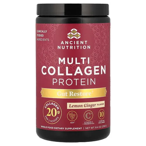 Ancient Nutrition, Proteína con múltiples tipos de colágeno, Restauración intestinal, Limón y jengibre, 238 g (8,4 oz)