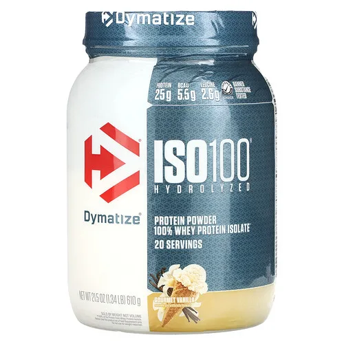 Dymatize, ISO100® hidrolizado, 100 % aislado de proteína de suero de leche, Vainilla gourmet, 610 g (1,34 lb)