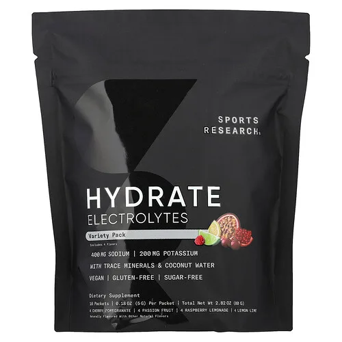 Sports Research, Electrolitos Hydrate, Paquete variado, 16 sobres, 5 g (0,18 oz) cada uno
