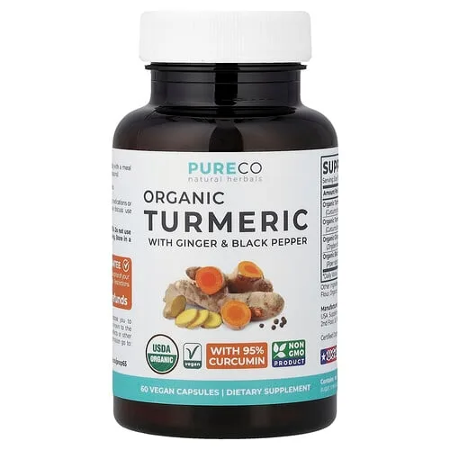 Pure Co., Cúrcuma orgánica con jengibre y pimienta negra, 60 cápsulas veganas