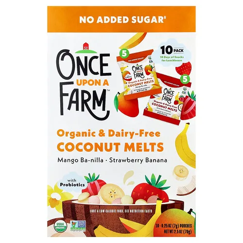 Once Upon A Farm, Coco orgánico derretido, Mango, banilla y fresa, plátano, 10 paquetes, 7 g (0,25 oz) cada uno