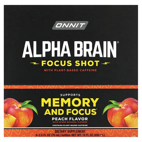 Onnit, Alpha BRAIN®, Shot para concentrarse, Melocotón, 6 envases, 75 ml (2,5 oz. líq.) cada uno
