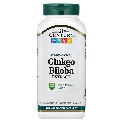 21st Century, Extracto de Ginkgo biloba estandarizado, 200 cápsulas vegetales (60 mg por cápsula)