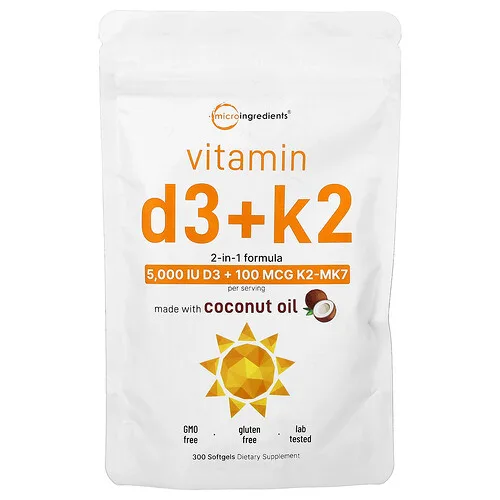 Micro Ingredients, Vitaminas D3 y K2, 300 cápsulas blandas