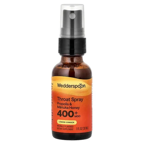 Wedderspoon, Spray para la garganta con miel de manuka y propóleo, Limón y jengibre, MGO +400, 30 ml (1 oz. líq.)