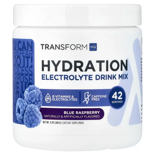 TransformHQ, Hidratación, Mezcla para preparar bebidas con electrolitos, Sin cafeína, Frambuesa azul, 168 g (6 oz)