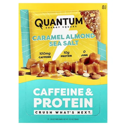 Quantum Energy Square, Barrita con cafeína y proteína, Caramelo, almendras y sal marina, 8 barritas, 48 g (1,69 oz) cada una