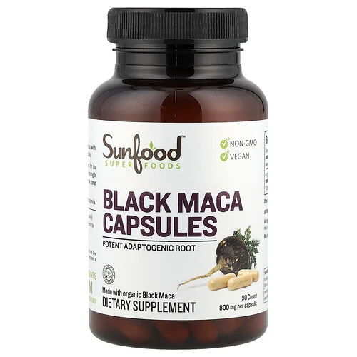 Sunfood, Cápsulas de maca negra, 800 mg, 90 cápsulas