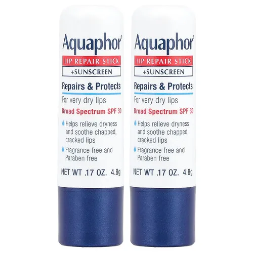Aquaphor, Barra reparadora de labios con protector solar, FPS 30, Sin fragancia, 2 barras, 4,8 g (0,17 oz) cada una