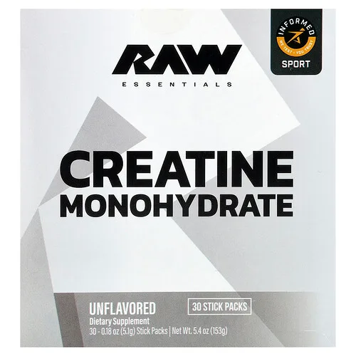 Raw Nutrition, Essentials, Monohidrato de creatina, Sin sabor, 30 sobres, 5,1 g (0,18 oz) cada uno