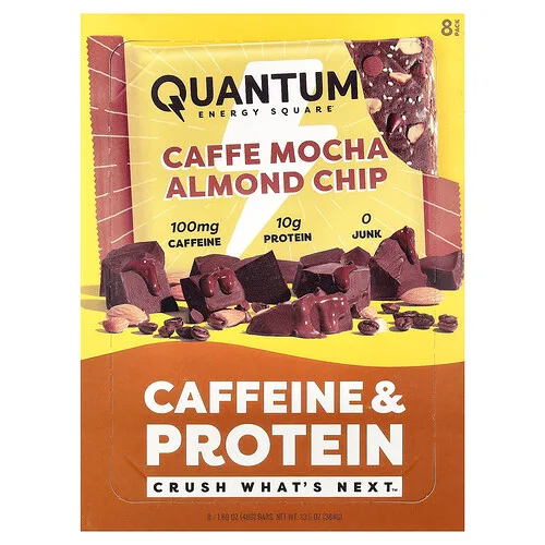 Quantum Energy Square, Barrita con cafeína y proteína, Café moca y chips de almendra, 8 barritas, 48 g (1,69 oz) cada una