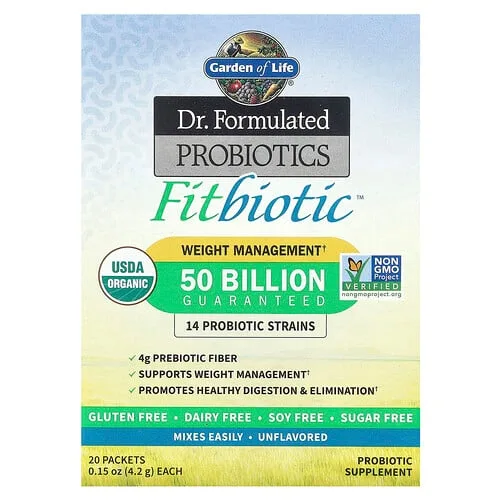 Garden of Life, Probióticos formulados por un médico, Fitbiotic™, Sin sabor, 50.000 millones de UFC, 20 sobres, 4,2 g (0,15 oz) cada uno