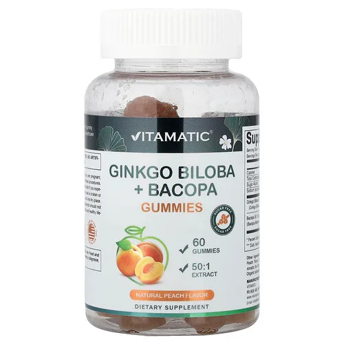 Vitamatic, Gomitas de Ginkgo biloba y bacopa, Melocotón natural, 60 gomitas