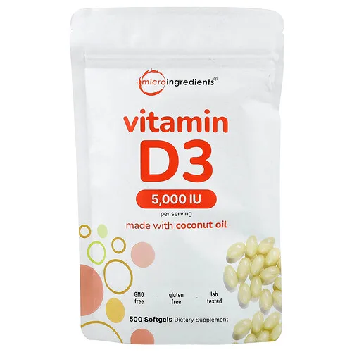 Micro Ingredients, Vitamina D3, 5000 UI, 500 cápsulas blandas