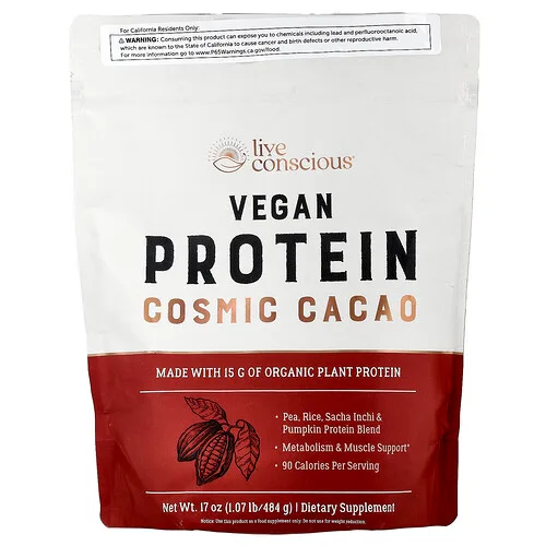 Live Conscious, Proteína vegana, Cacao cósmico, 484 g (1,07 lb)
