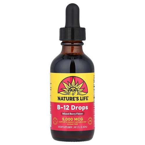 Nature's Life, Vitamina B12 en gotas, Sin azúcar, Bayas mixtas, 5000 mcg, 60 ml (2 oz. líq.)