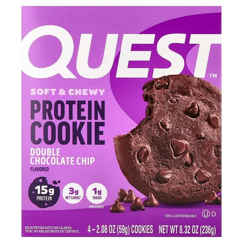 Quest Nutrition, Galleta proteica, Doble chispas de chocolate, Paquete de 4, 59 g (2,08 oz) cada uno