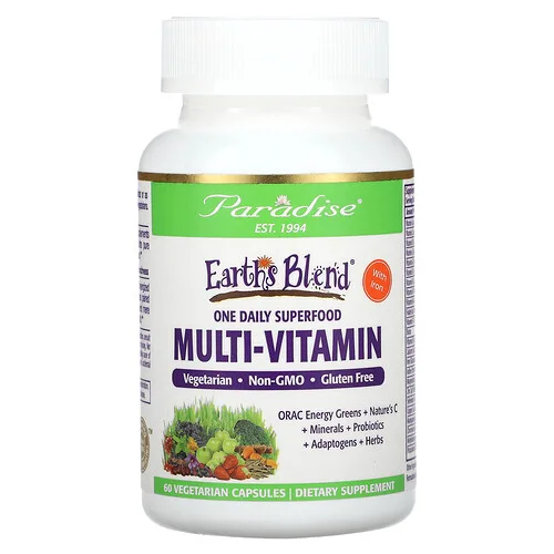Paradise Herbs, Earth's Blend, Un superalimento multivitamínico diario con hierro, 60 cápsulas vegetales