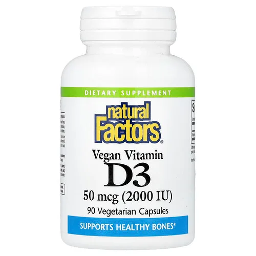 Natural Factors, Vitamina D3 vegana, 50 mcg (2000 UI), 90 cápsulas vegetales
