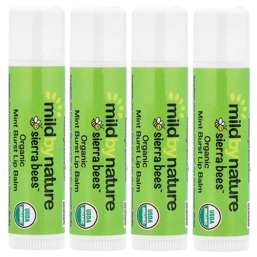 Mild By Nature, Sierra Bees™, Bálsamos labiales orgánicos, Explosión de menta, 4 unidades, 4,25 g (0,15 oz) cada una