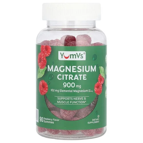 YumVs, Citrato de magnesio, Frambuesa, 900 mg, 90 gomitas (300 mg cada una)