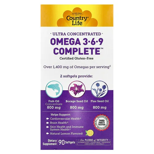 Country Life, Omega 3-6-9 Complete ultraconcentrado, Limón natural, 90 cápsulas blandas