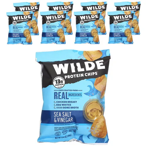 Wilde Brands, Protein Chips®, Sal marina y vinagre, 8 bolsas, 38 g (1,34 oz) cada una