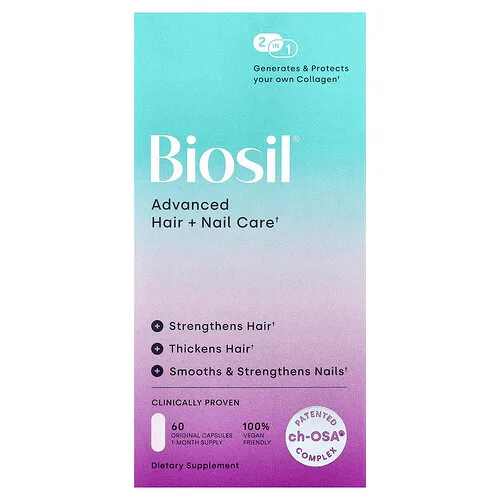 Biosil, Cuidado avanzado para el cabello y las uñas con biotina, 60 cápsulas originales