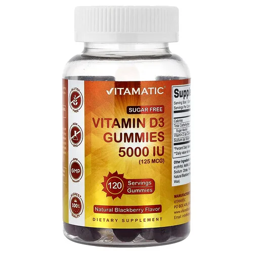 Vitamatic, Gomitas con vitamina D3, Sin azúcar, Sabor natural a zarzamora, 125 mcg (5000 UI), 120 gomitas