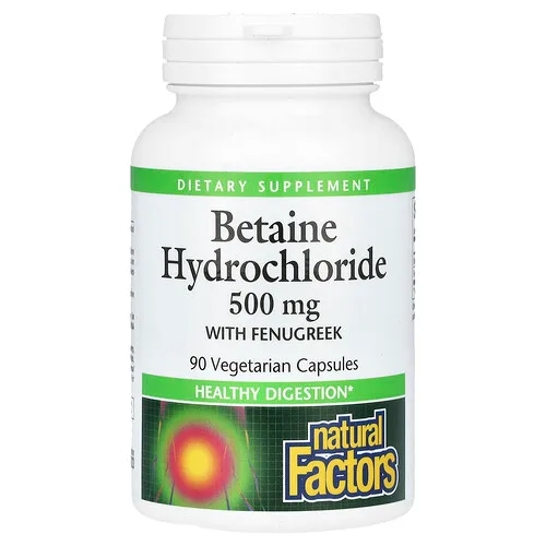 Natural Factors, Clorhidrato de betaína con fenogreco, 500 mg, 90 cápsulas vegetales