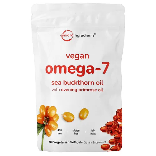 Micro Ingredients, Aceite de espino amarillo con omega-7 vegano y aceite de onagra, 240 cápsulas blandas vegetales
