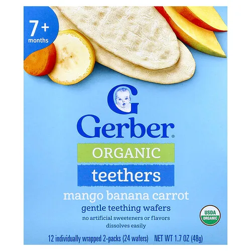 Gerber, Bocadillos orgánicos, Obleas para la dentición suave, 7 meses en adelante, Mango, plátano y zanahoria, 12 paquetes en envoltorios individuales, 4 g (0,14 oz) cada uno