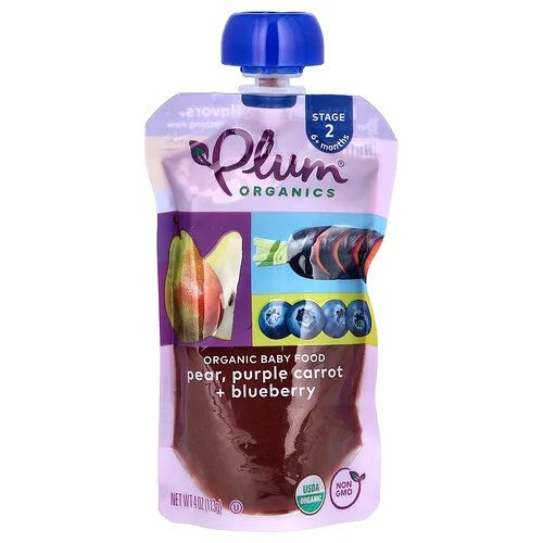 Plum Organics, Alimentos orgánicos para bebé, Etapa 2, pera, zanahoria púrpura y arándano, 4 oz (113 g)
