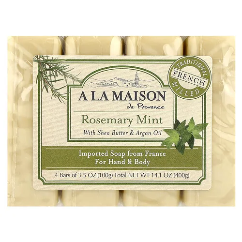 A La Maison de Provence, Barra de jabón para las manos y el cuerpo, Romero y menta, 4 barras, 100 g (3,5 oz) cada una