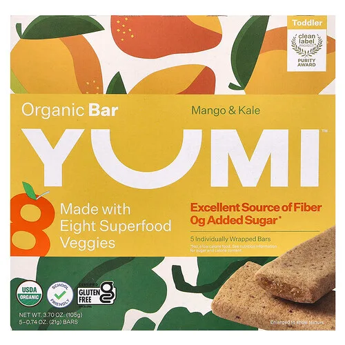 Yumi, Barrita orgánica, Para niños pequeños, Mango y col rizada, 5 barritas, 21 g (0,74 oz) cada una
