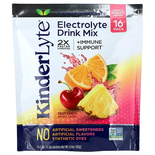 KinderFarms, KinderLyte®, Mezcla para preparar bebidas con electrolitos, Para niños y adultos, Ponche de frutas, 16 sobres, 11,3 g (0,4 oz) cada uno