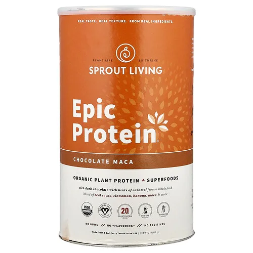 Sprout Living, Epic Protein®, Proteína vegetal orgánica más superalimentos, Maca con sabor a chocolate, 912 g (2 lb)