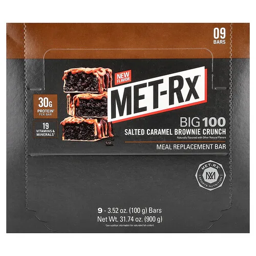 MET-Rx, Big 100, Barrita para reemplazar comidas, Brownie crujiente con caramelo salado`` 9 barritas, 100 g (3,52 oz) cada una