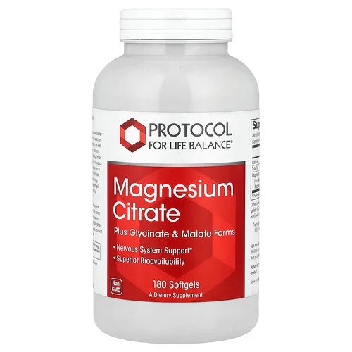 Protocol for Life Balance, Citrato de magnesio, 180 cápsulas blandas (133 mg por cápsula blanda)