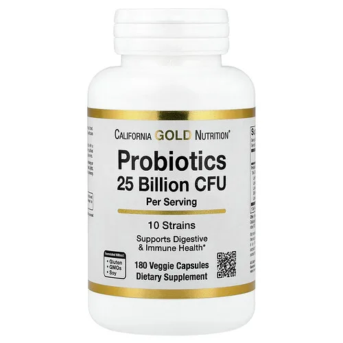 California Gold Nutrition, Probióticos, 10 cepas, Lactobacillus acidophilus, plantarum, casei y Bifidobacterium lactis, 25 mil millones de UFC, 180 cápsulas vegetales