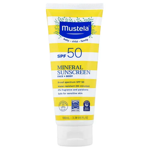 Mustela, Protector solar mineral, Rostro y cuerpo, FPS 50, 100 ml (3,38 oz. líq.)